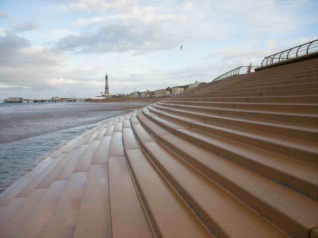 Stairs at Blackpool Beach showing Blackpool tower in the distance